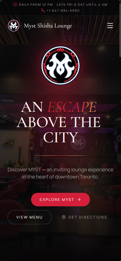 MYST mobile homepage with lounge imagery, headline, Explore MYST and View Menu links