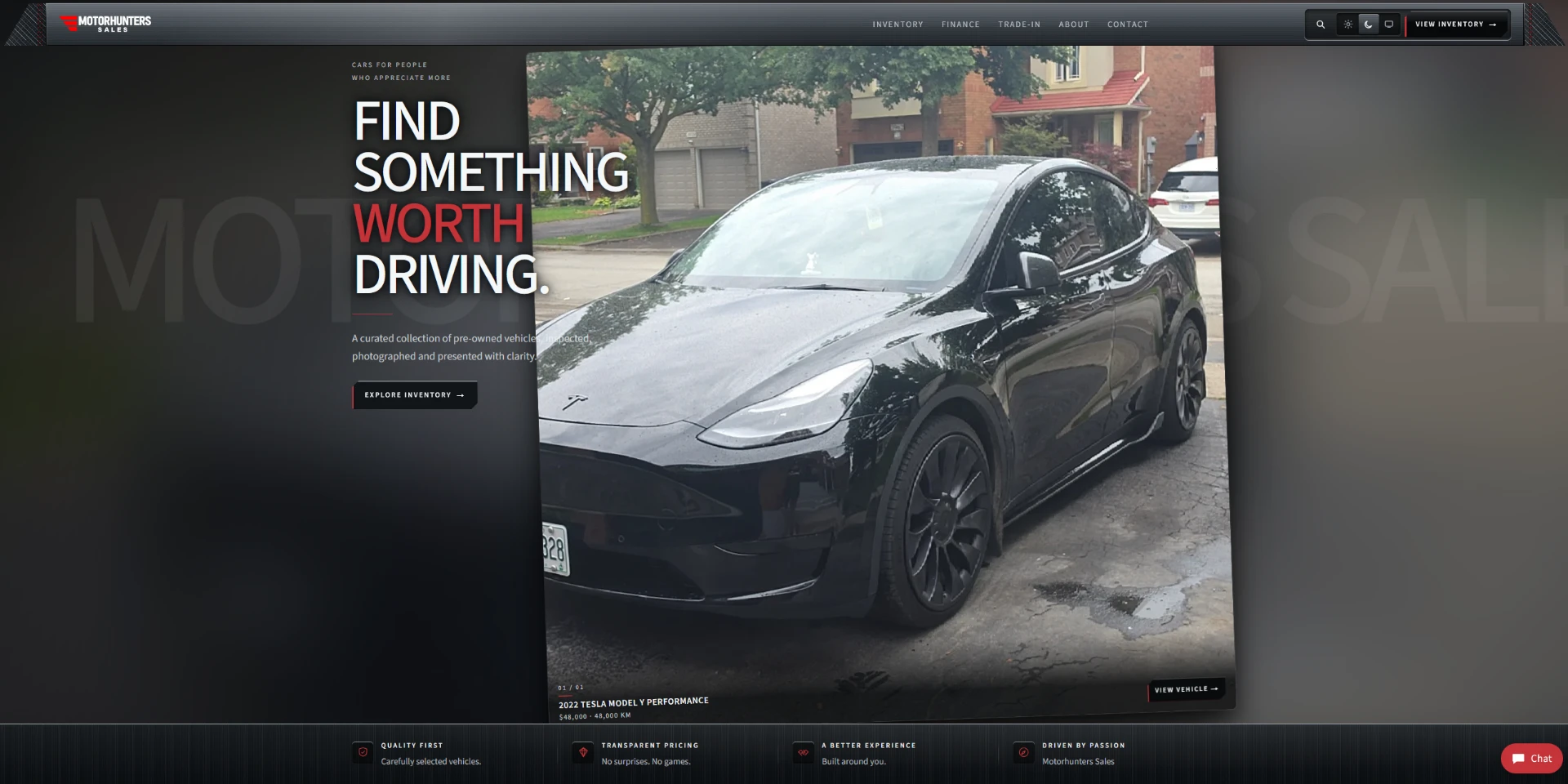 Motorhunters Sales website with a featured Tesla and inventory links