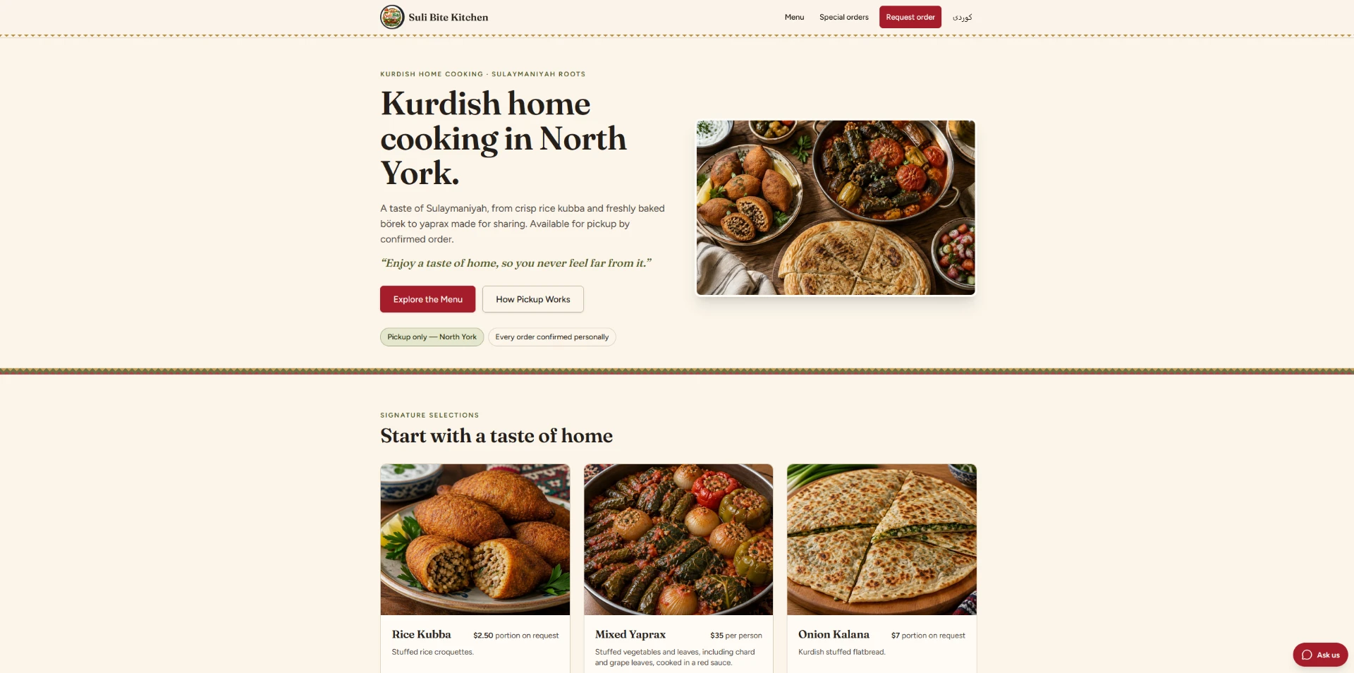 Suli Bite Kitchen homepage and signature Kurdish dishes